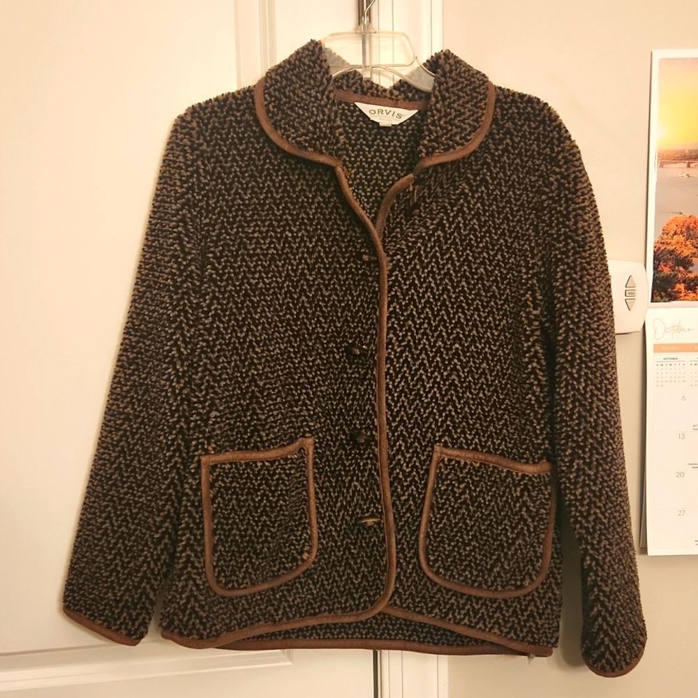 Orvis Women's Wood Toggle Buttons Tan & Black Jacket w/ Pockets Size M